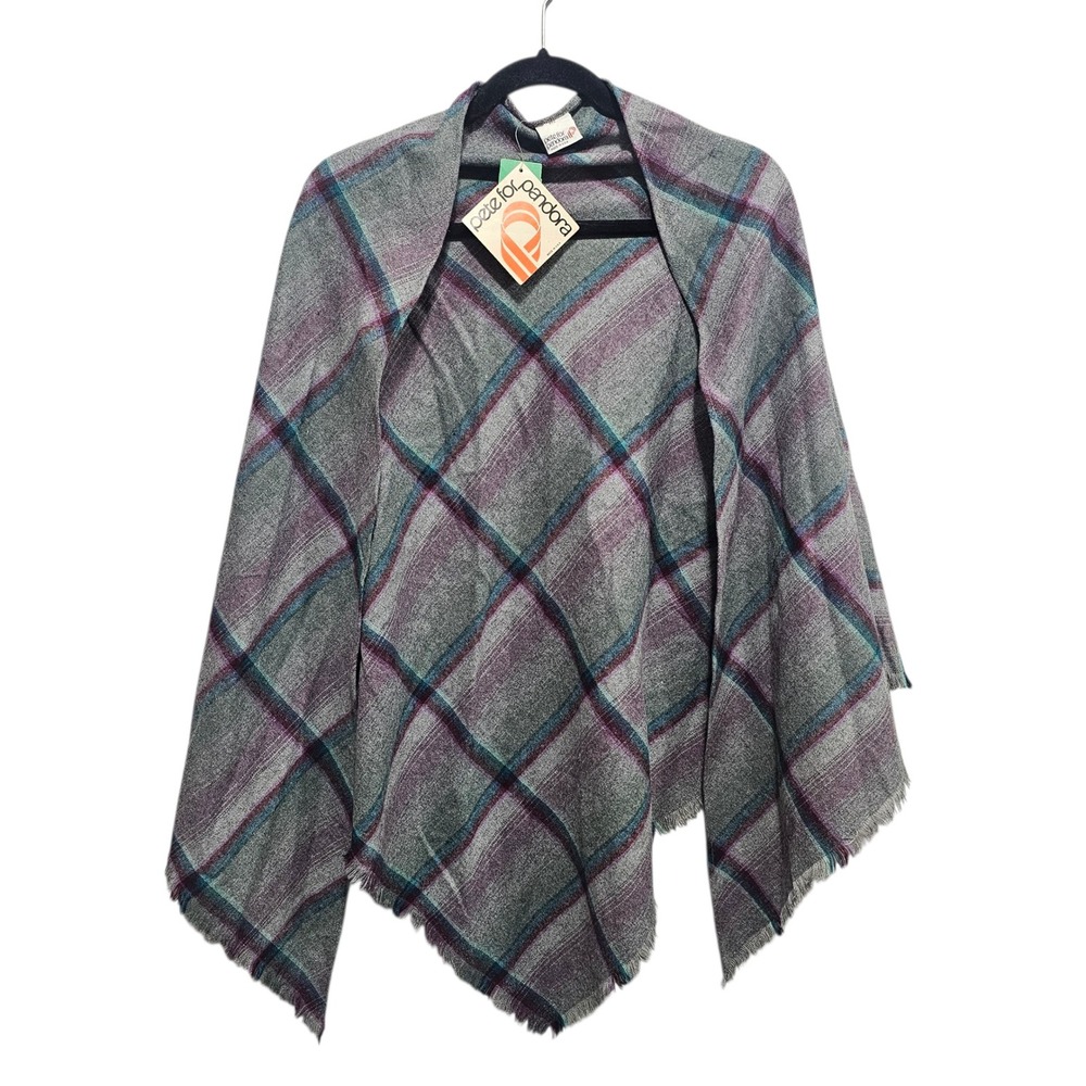 Vintage Shawl‎ Wrap Raw Hem Plaid Grey Purple NWT